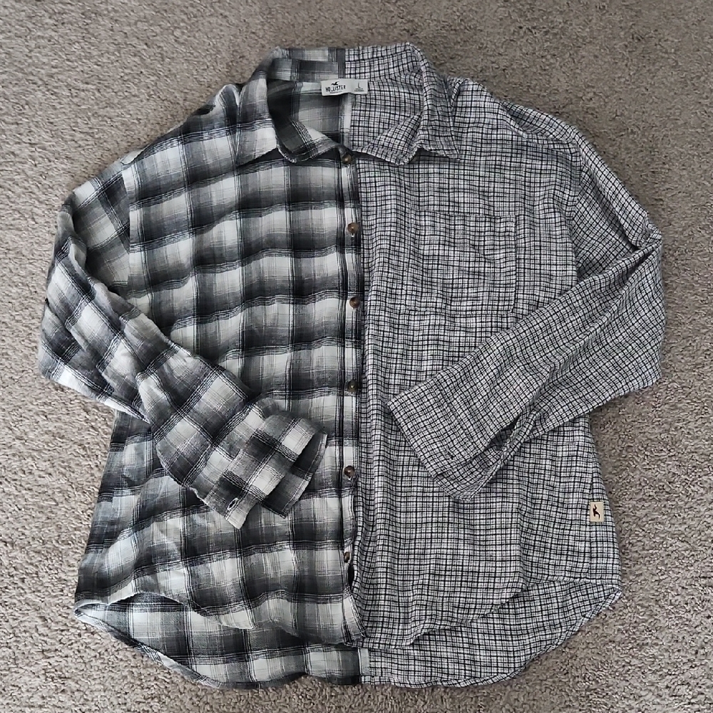Hollister Black and Gray Plaid Button Down Shirt